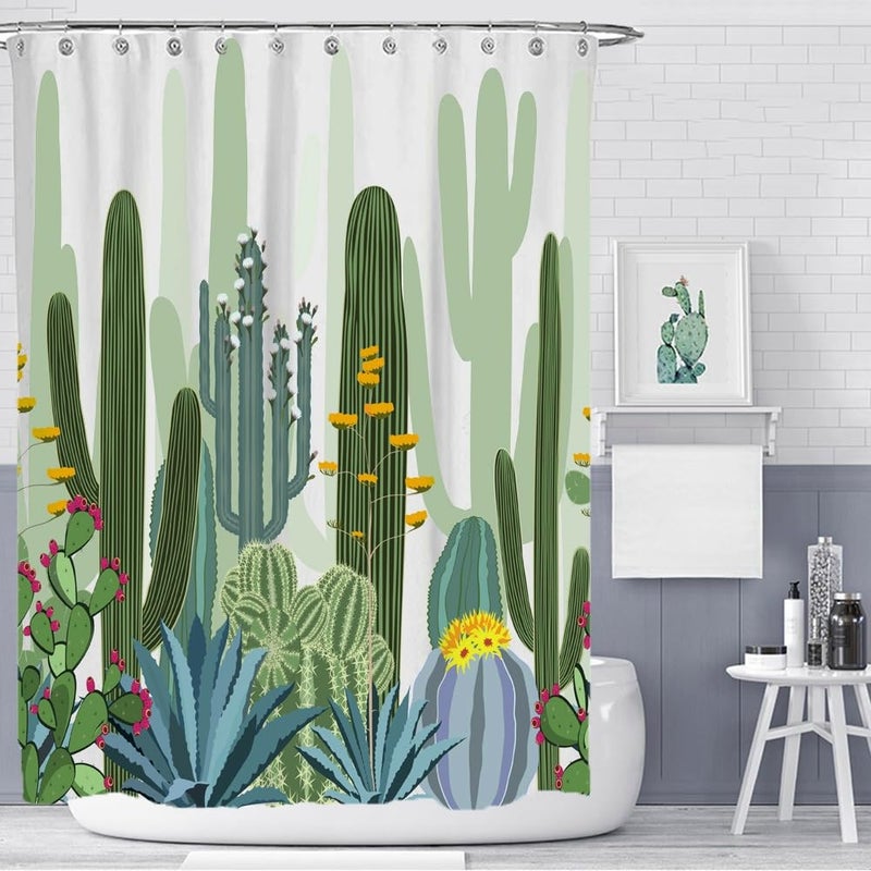 IcosaMro Cactus Shower Curtain for Bathroom with Hooks, Tropical Watercolor Decorative Long Cloth Fabric Shower Curtain Bath Decorations- 71Wx72L, Green - Image 2